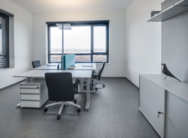 Helles Büro mit zwei höhenverstellbaren Schreibtischen, Sichtschutz-Elementen und ergonomischen Bürostühlen