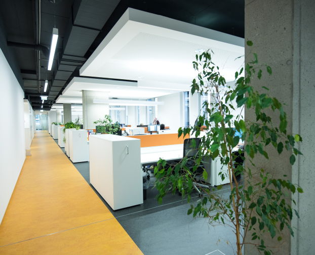 Offenes Büro mit ergonomischen Drehstühlen, weißen Stauraumelementen und grünen Akzenten