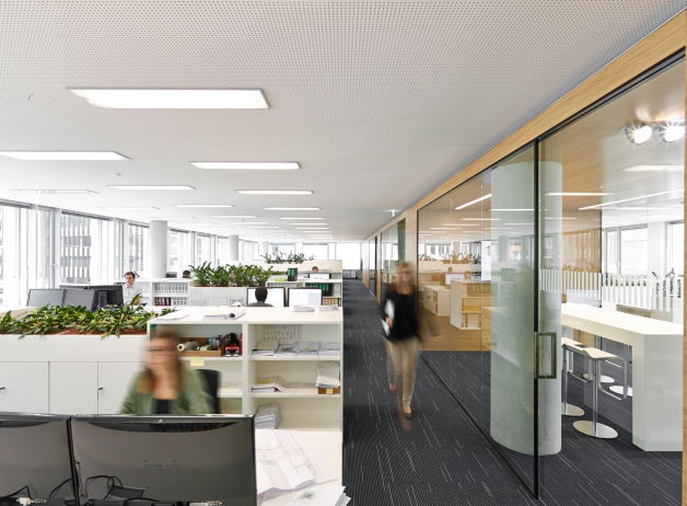 Blick durch einen gläsernen Besprechungsraum auf ein offenes Großraumbüro mit Pflanzen