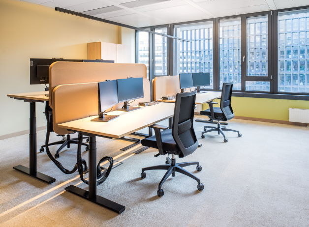 Zwei ergonomische Büroarbeitsplätze mit elektrisch höhenverstellbaren Tischen, Trennwänden und Monitorhalterungen.