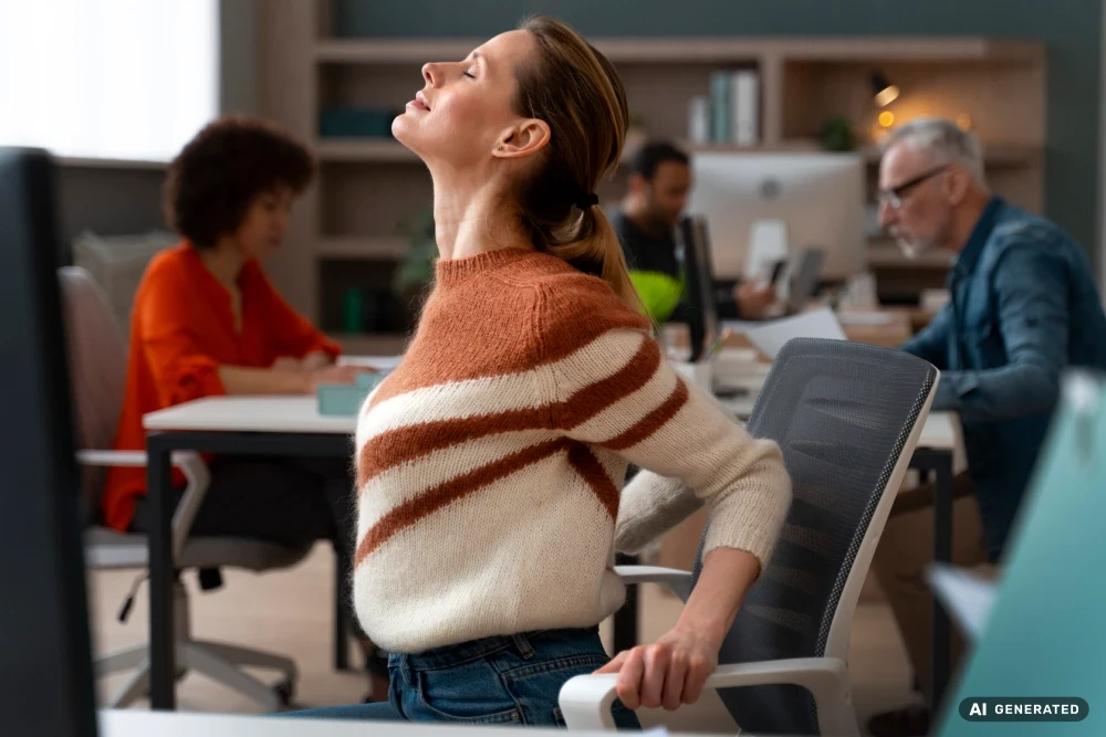 Frau dehnt sich im Büro aus.