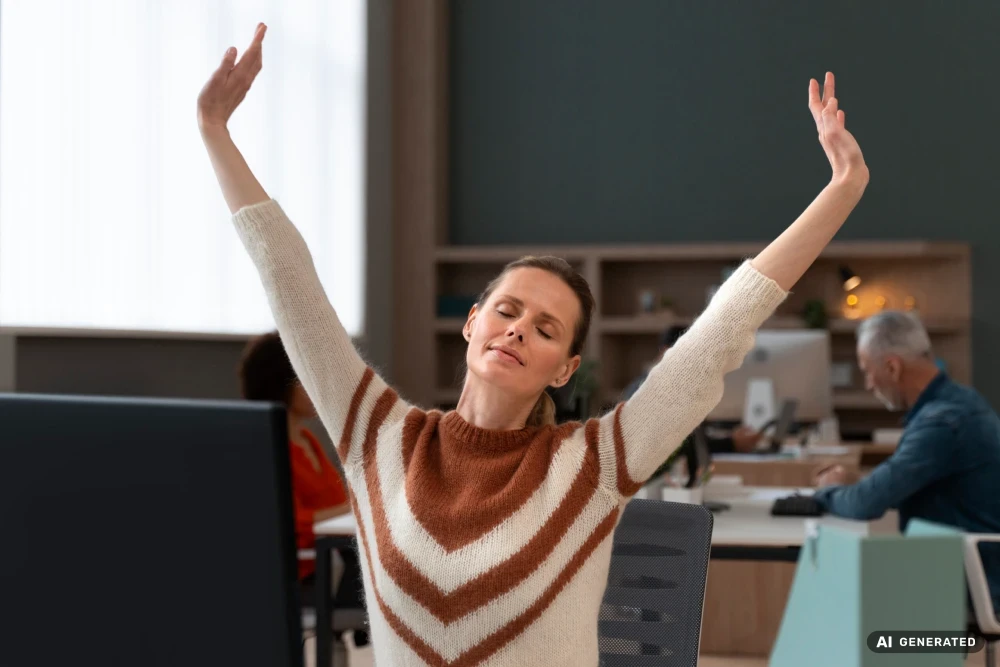 Frau streckt die Arme über den Kopf und atmet tief durch im Büro