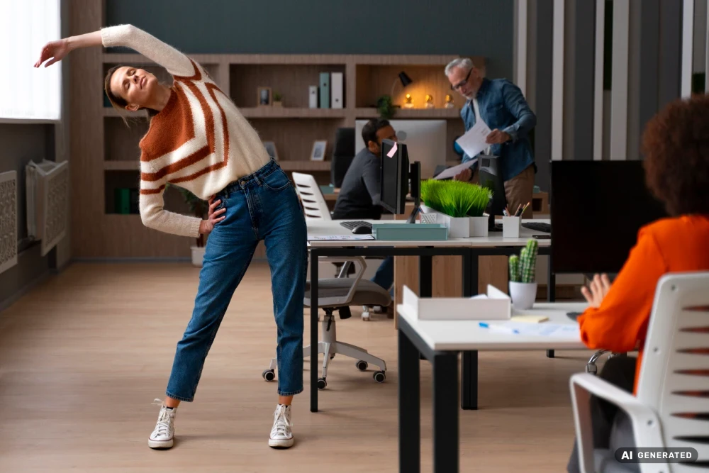 Frau macht eine seitliche Dehnübung zwischen Schreibtischen im modernen Büro