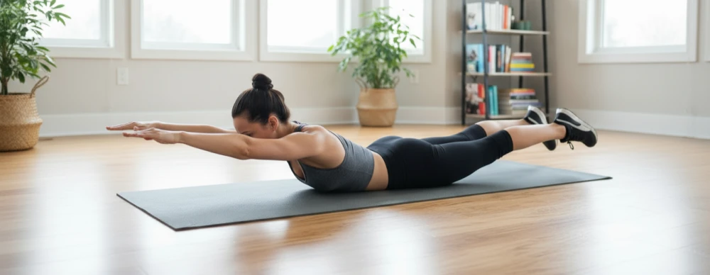 Frau macht Superman-Übung auf Yogamatte für einen starken Rücken im Homeoffice