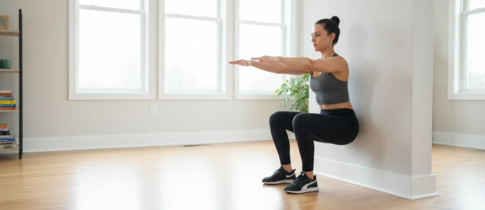Frau macht Squat mit ausgestreckten Armen während einer kurzen Pause im Homeoffice