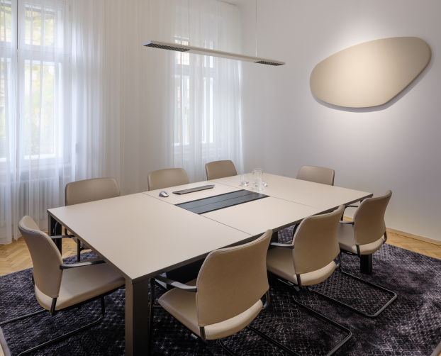 Heller Besprechungsraum mit großem Tisch, acht Stühlen, Teppich und organisch geformtem Akustikelement an der Wand.