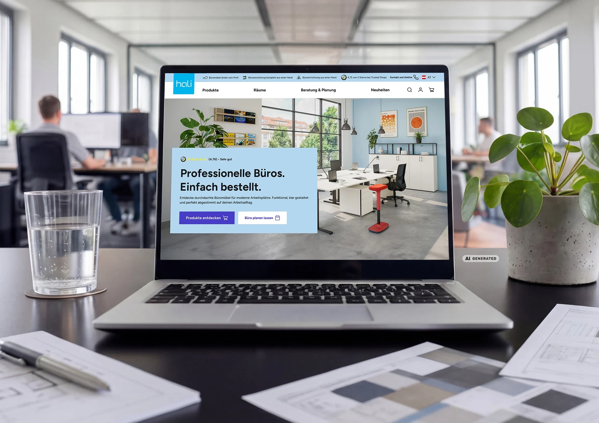 Laptop auf einem Bürotisch mit geöffnetem hali Onlineshop für Büromöbel, daneben Unterlagen, ein Wasserglas und eine Pflanze vor unscharfem Bürohintergrund.Laptop auf einem Bürotisch mit geöffnetem hali Onlineshop für Büromöbel, daneben Unterlagen, ein Wasserglas und eine Pflanze vor unscharfem Bürohintergrund.