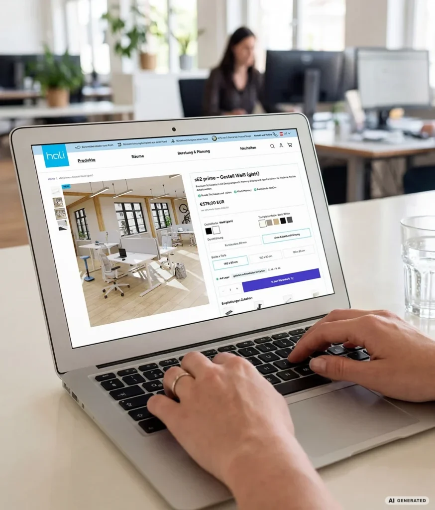 Person arbeitet an einem Laptop im Büro und sieht sich eine Produktseite im hali Onlineshop für Büromöbel an; im Hintergrund sitzt eine Personen an einem modernen Arbeitsplatz.