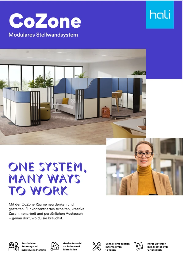 Titelseite des Factsheets der hali CoZone: Modulares Bürosystem für kreatives Arbeiten