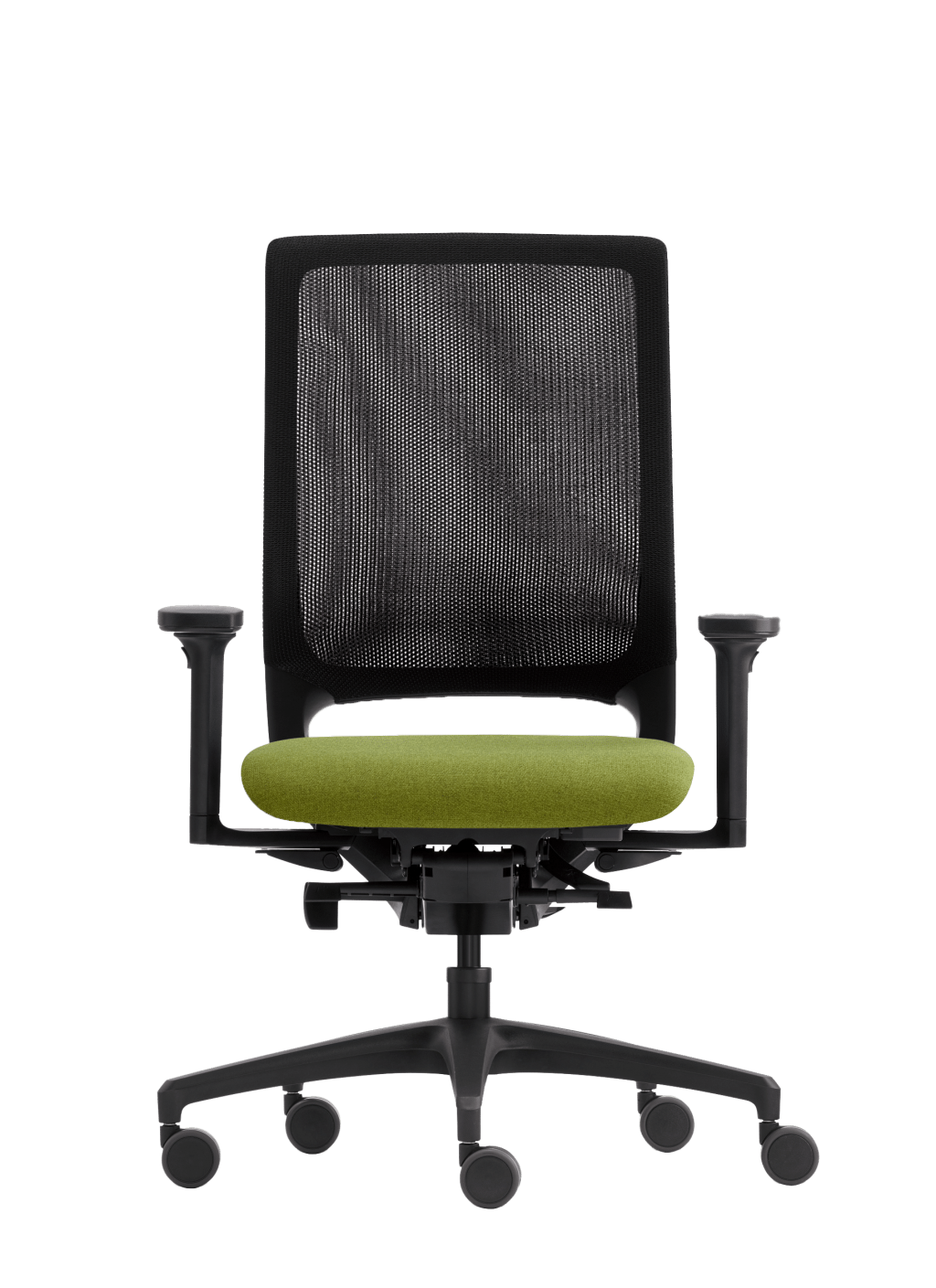 Produktbild Drehstuhl Mera von Klöber mit schwarzem Gestell und Rollen sowie schwarzem Netzrücken und hellgrünem Sitzpolster.