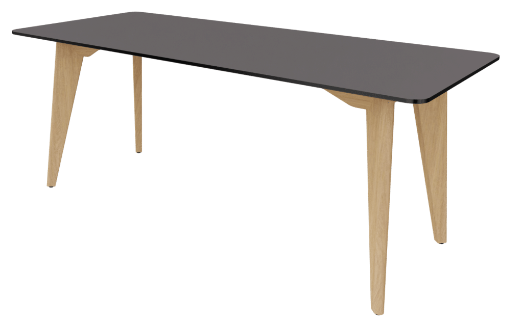 Arbeitstisch der Serie m600 von hali mit 4-Fuß Tischgestell in Eiche und Tischplatte in dunkelgrau.