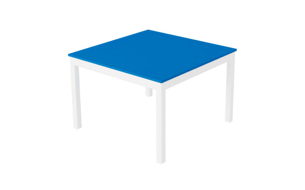 Couchtisch der Serie s600 von hali mit 4-Fuß Tischgestell in weiß und Tischplatte in Melamin blaubeerblau.