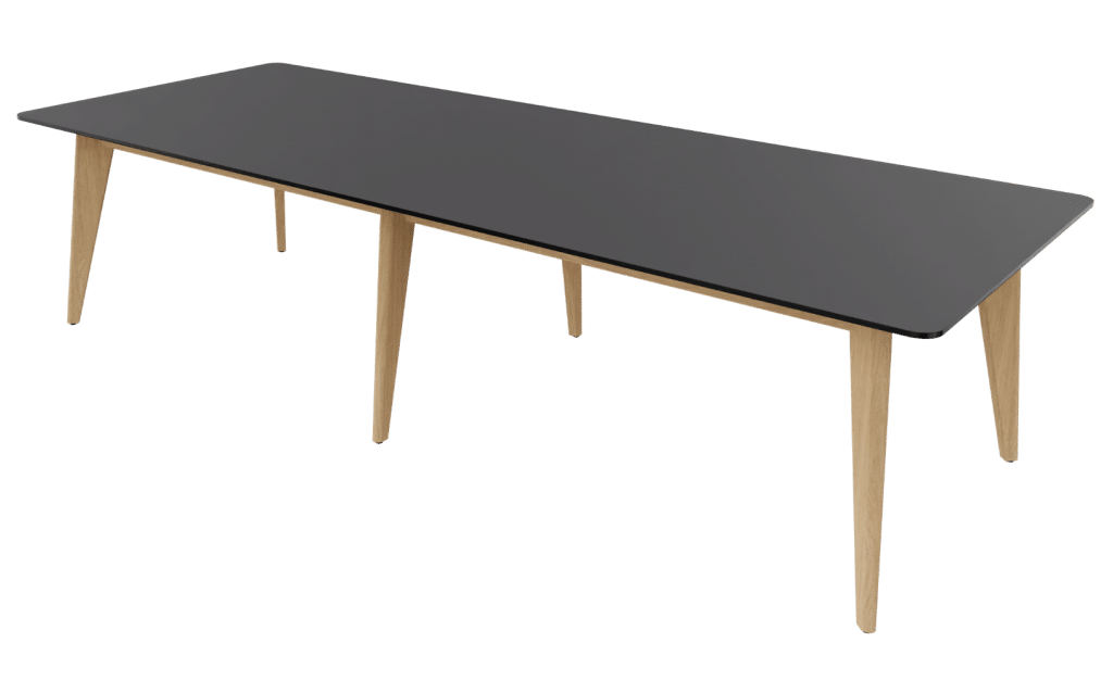Konferenztisch der Serie m600 von hali mit 4-Fuß Tischgestell in Eiche und Tischplatte in dunkelgrau.