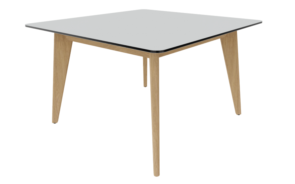 Quadrattisch der Serie m600 von hali mit 4-Fuß Tischgestell in Eiche und Tischplatte in hellgrau.
