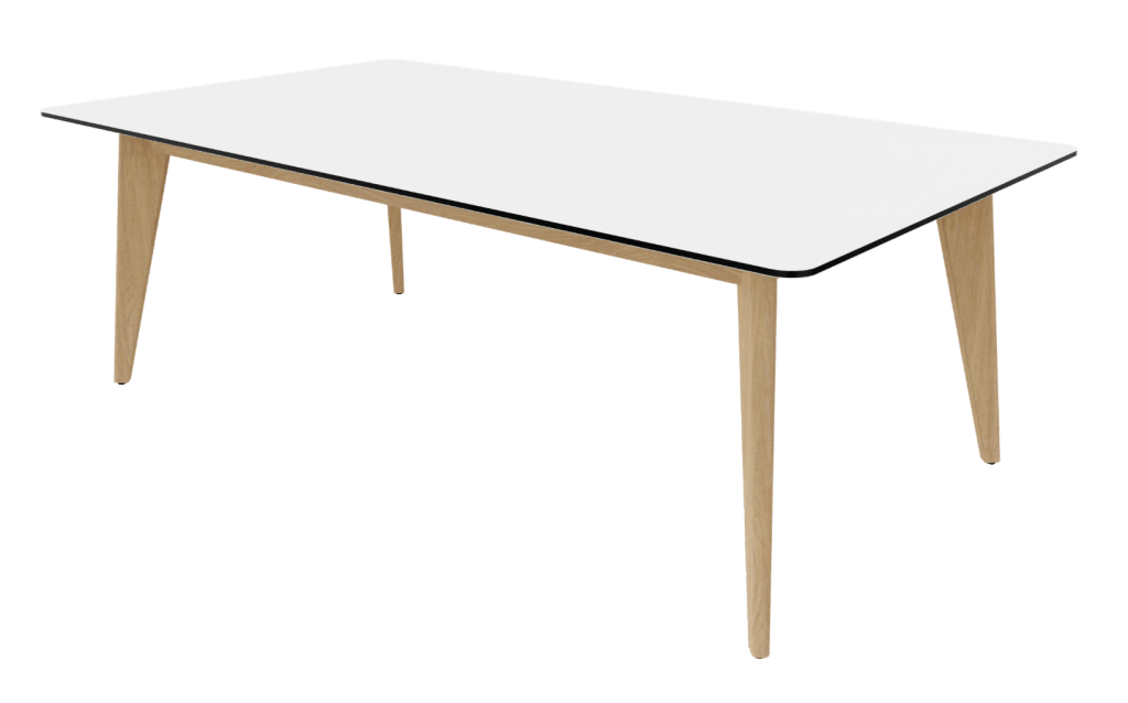 Rechecktisch der Serie m600 von hali mit 4-Fuß Tischgestell in Eiche und Tischplatte in weiß.