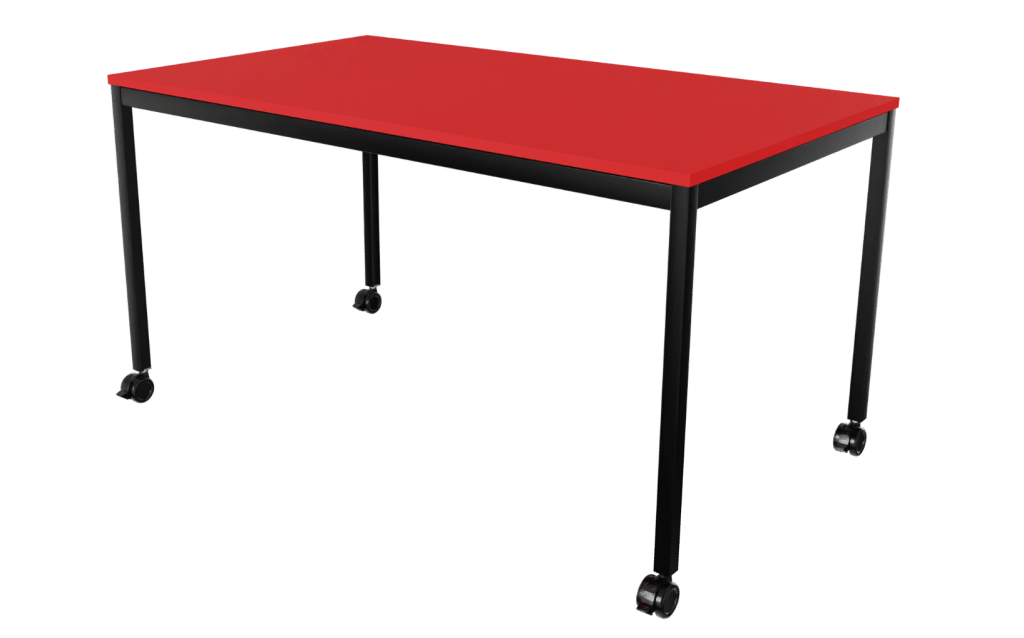 Arbeitstisch mit Rollen der Serie s60 von hali mit 4-Fuß Tischgestell in schwarz und Tischplatte in Melamin chillirot.