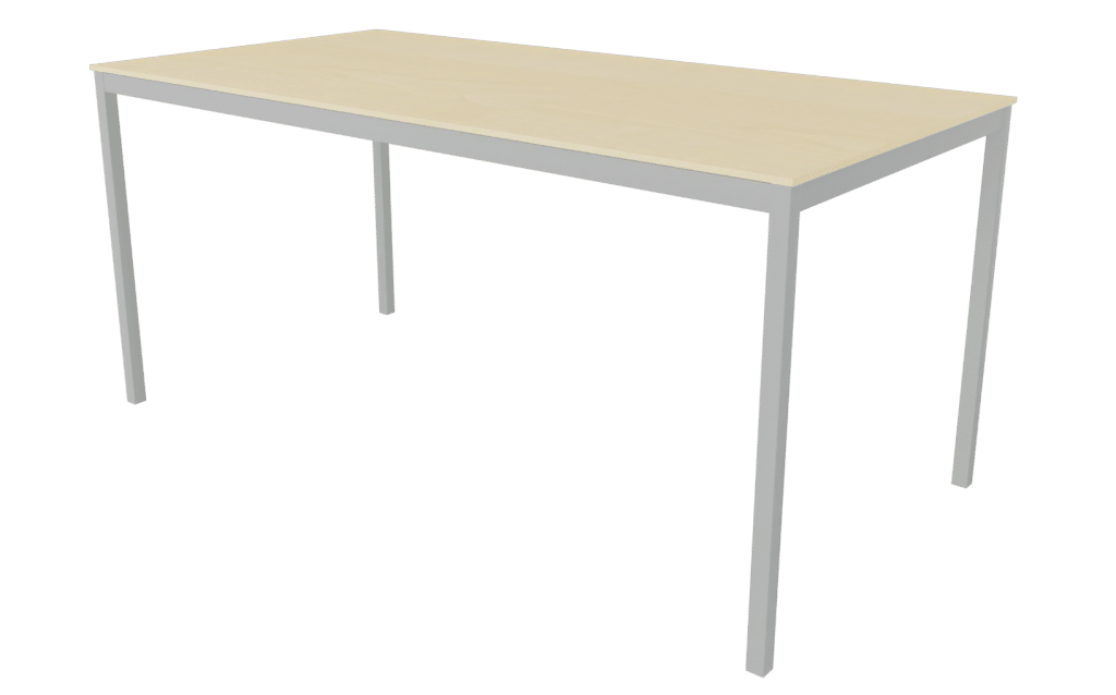 Arbeitstisch der Serie s600 von hali mit 4-Fuß Tischgestell in Aluminium und Tischplatte in Melamin Ahornoptik.