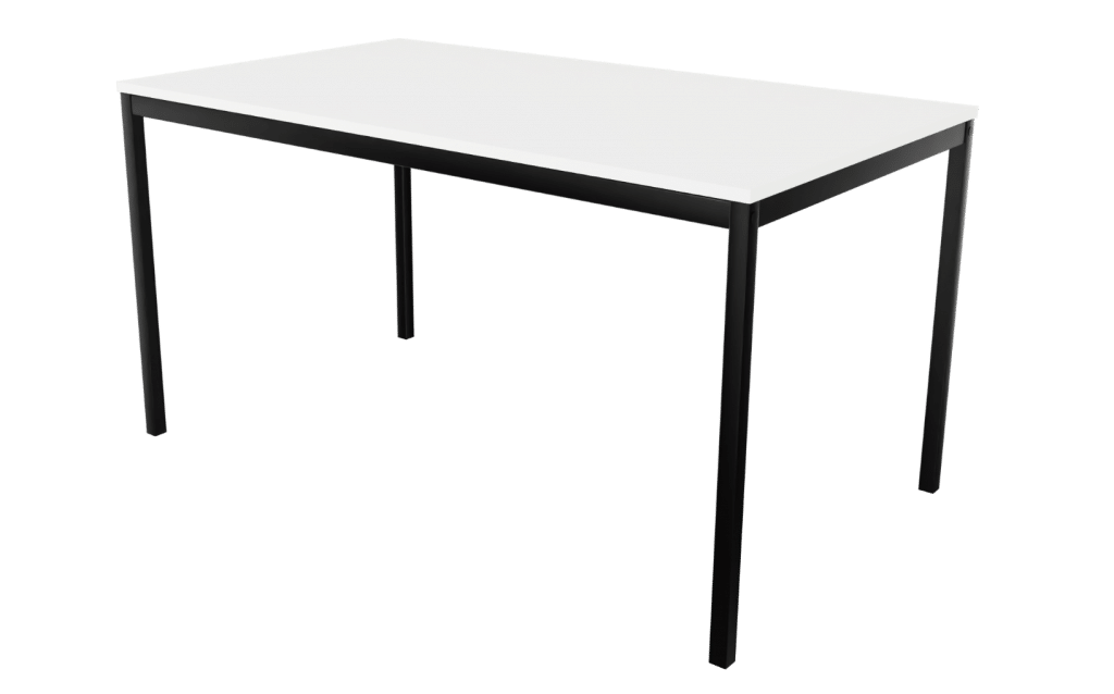 Arbeitstisch der Serie s60 von hali mit 4-Fuß Tischgestell in schwarz und Tischplatte in Melamin weiß.