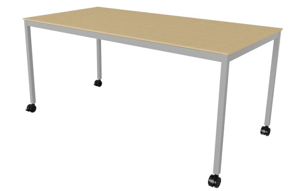 Arbeitstisch mit Rollen der Serie s600 von hali mit 4-Fuß Tischgestell in grau und Tischplatte in Melamin Eichenoptik.