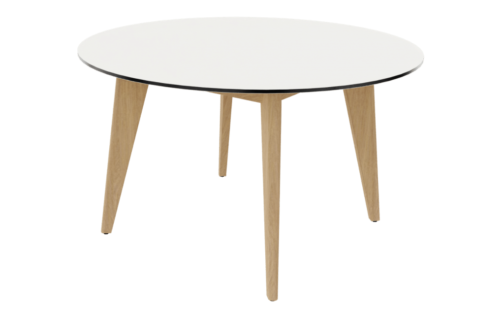 Rundtisch der Serie m600 von hali mit 4-Fuß Tischgestell in Eiche und Tischplatte in weiß.