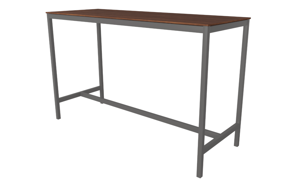 Stehtisch der Serie s600 von hali mit Tischgestell in schiefergrau und Tischplatte in Melamin Nussoptik.