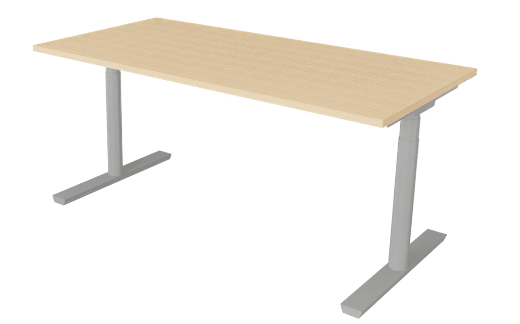 Sitz-Steh-Tisch der Serie s100 mit T-Fuß-Gestell in der Farbe grau und Tischplatte in Melamin Eichenoptik.