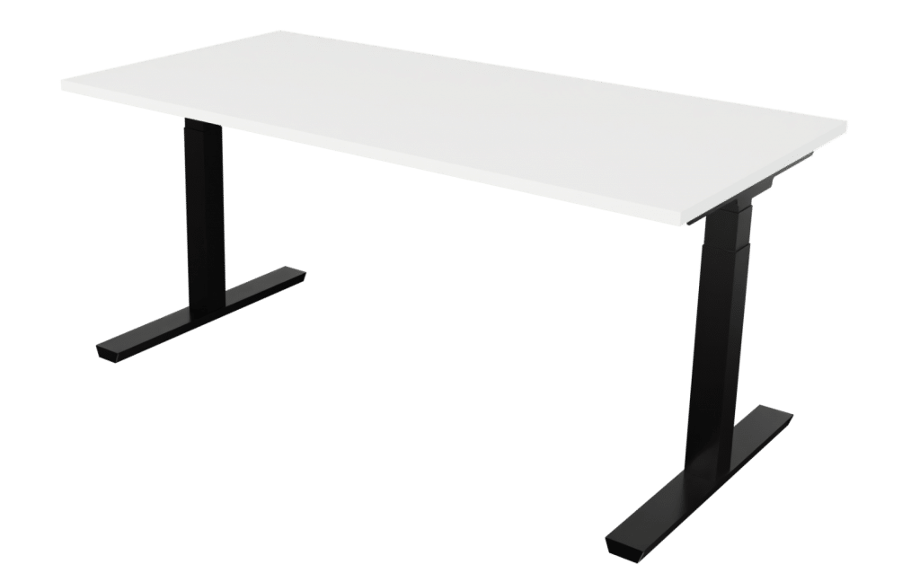 Tisch der Serie s100 mit T-Fuß-Gestell in der Farbe schwarz und Tischplatte in Melamin weiß.
