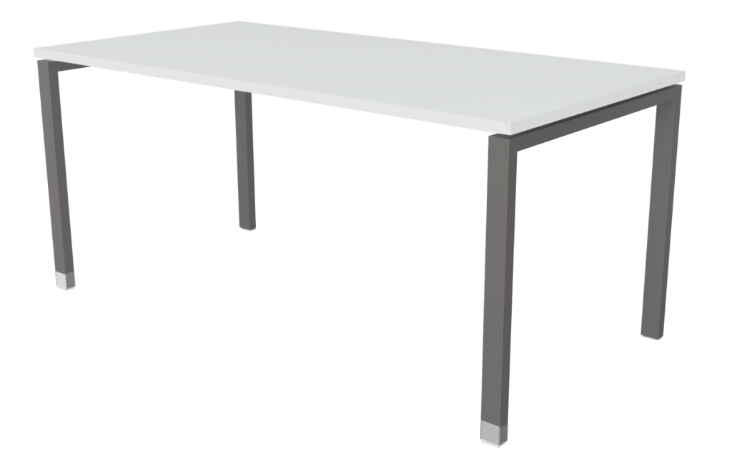 Tisch der Serie s100 mit T-Fuß-Gestell in der Farbe schiefergrau und Tischplatte in Melamin hellen grau.