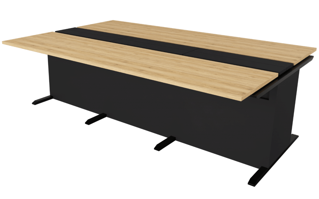 Besprechungstisch der Serie s100 mit Tischgestell in der Farbe schwarz und Tischplatte in Melamin Eichenoptik.. Ausgerüstet mit Kabelklappen und größentechnisch beliebig erweiterbar.