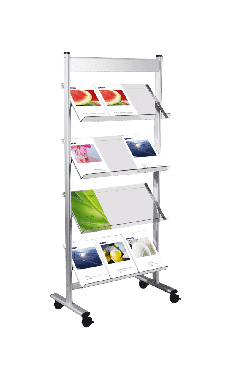 Produktbild mobiler Prospektständer von Adeco aus silbernen Metall mit 4 Ablagefächer für Zeitschriften und Broschüren.