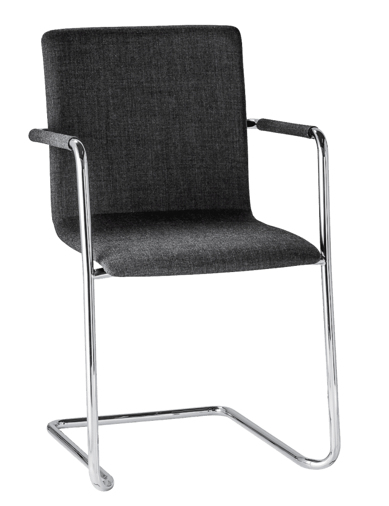 Freisteller Besucherstuhl Flow der Marke Brune mit Freischwinger Chrom Gestell, Armlehnen Überzüge für mir Komfort und gepolsterter Sitzschale in der Farbe grau.