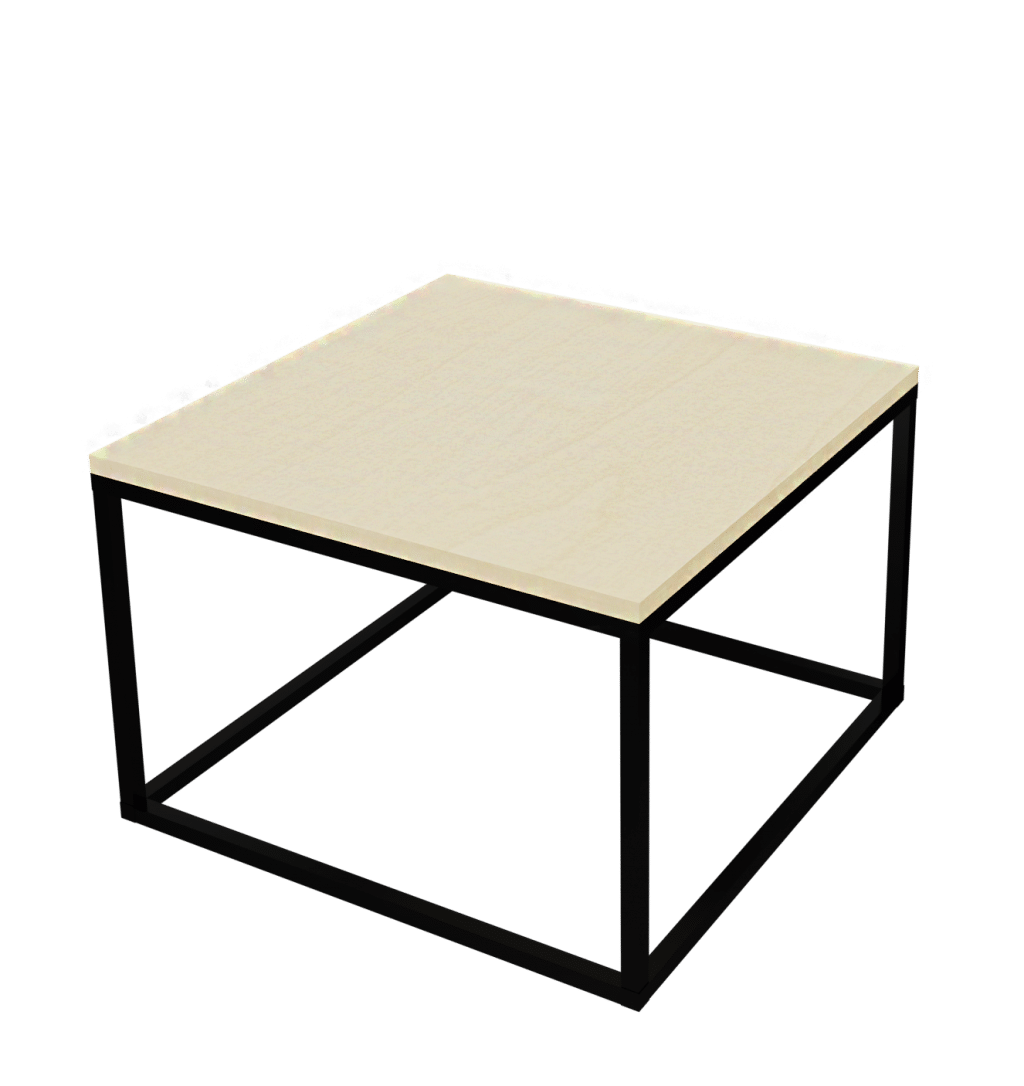 Couchtisch der Serie Framework von hali mit einem Tischgestell in schwarz und einer Tischplatte in Melamin Ahornoptik.
