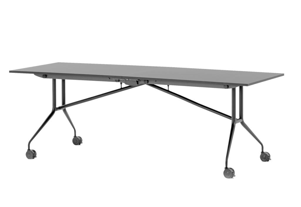 Einfach zu faltender Tisch für Seminare und Besprechungen mit schwarzem Tischgestell mit Rollen sowie Tischplatte aus Melamin in dunkelgrau.