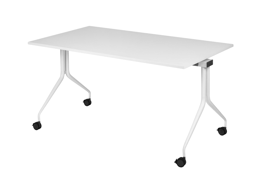 Seminartisch mit schwenkbarer Tischplatte und Rollen für einfaches umstellen und verstauen. Tischgestell in weiß mit schwarzen Rollen sowie Tischplatte aus Melamin in weiß.